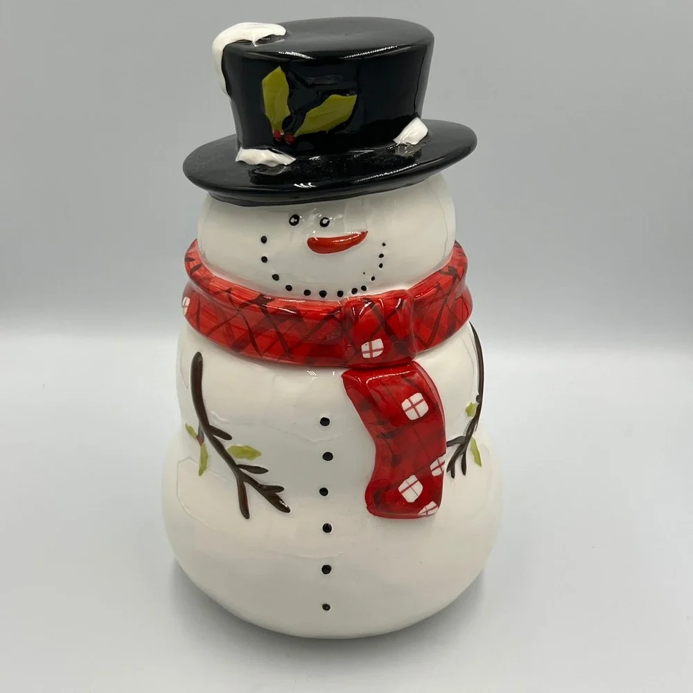 Magenta Snowman Cookie Jar Holiday Large White Red Black Excellent Plaid Scarf